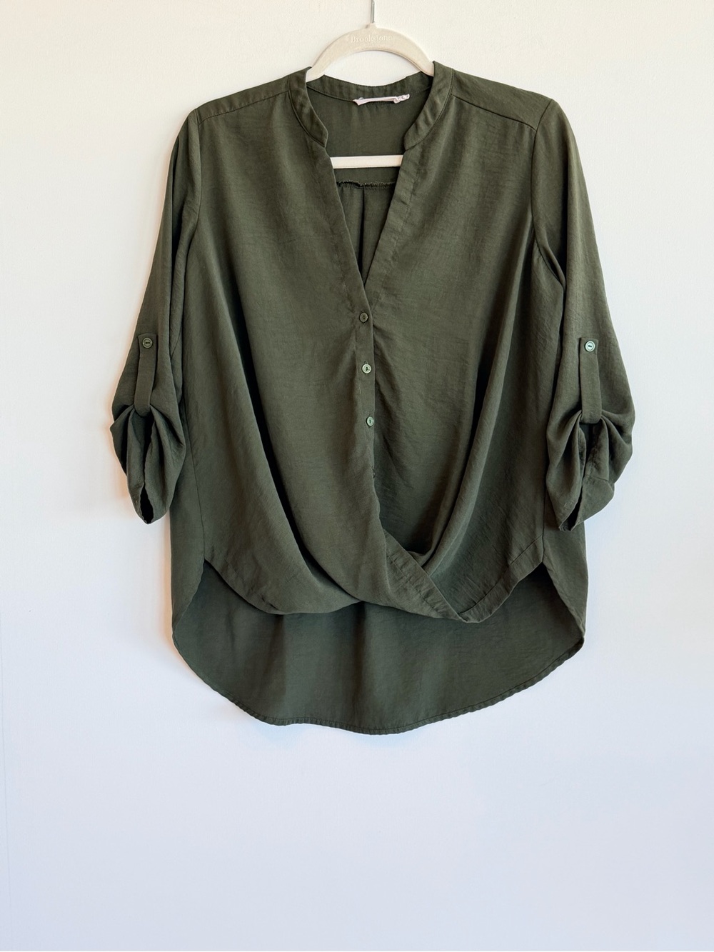 Lush Olive Green Twist Front Roll Tab Sleeve V Neck Blouse Size S